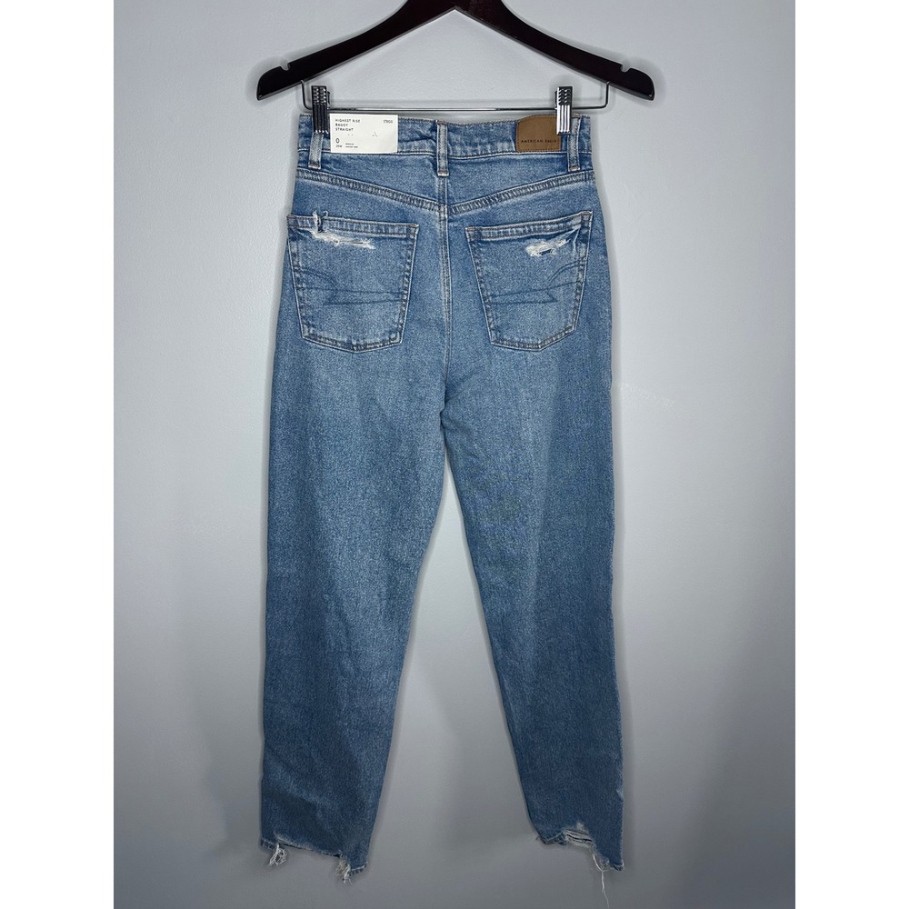 American Eagle‎ Highest Rise Baggy Straight Jeans Women 0 NWT Distressed Knee - Picture 6 of 9